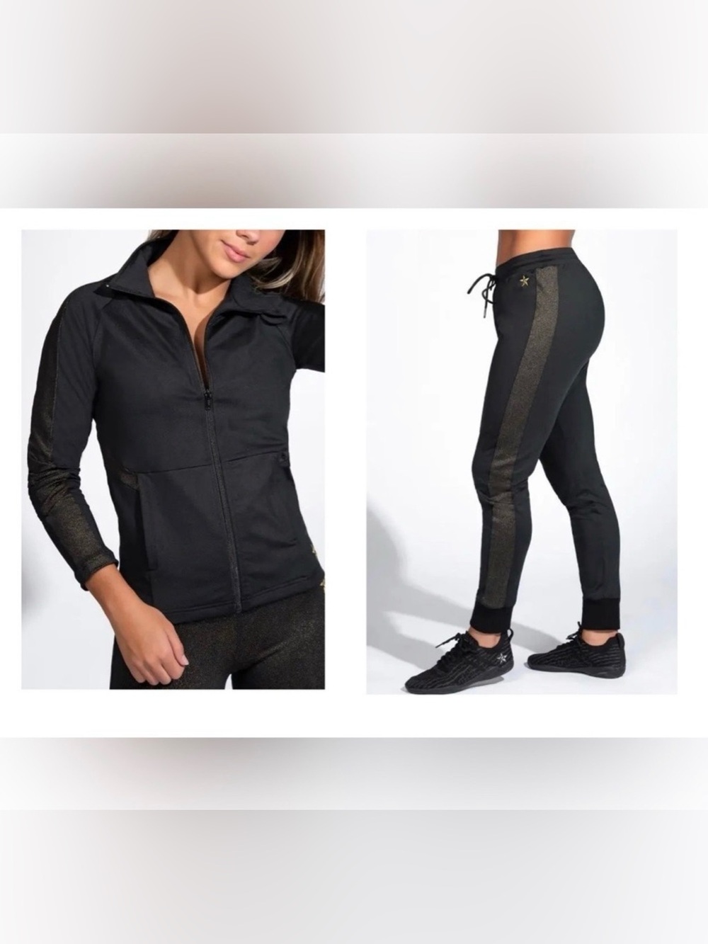 Rebel Athletic Tracksuit Set Womens AM Black Gold Metallic Star Zip Jacket Pants
